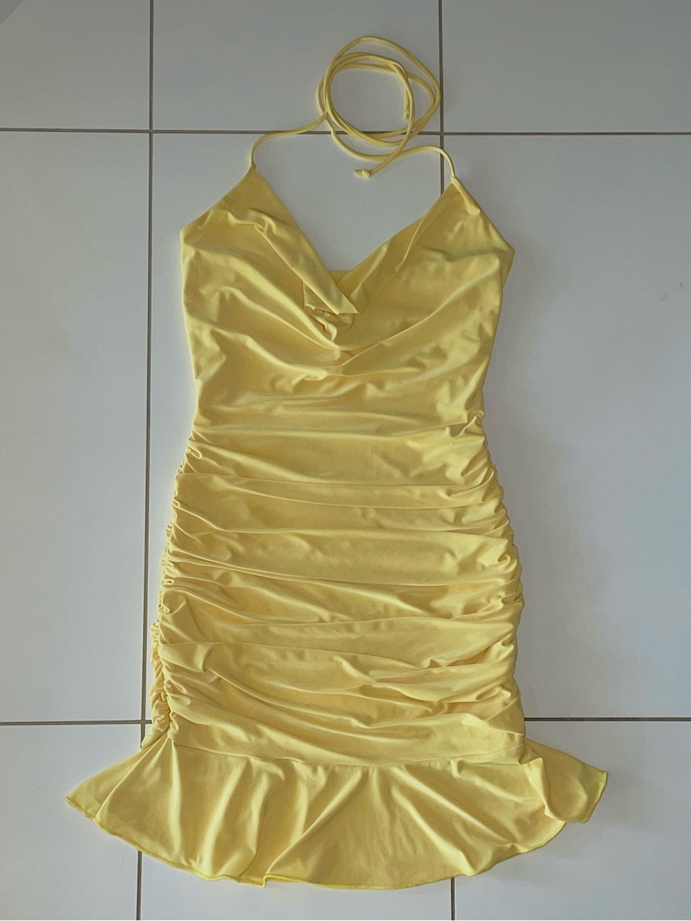 Yellow Halter Ruched Mini Dress with Ruffle Hem